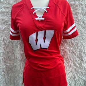 Red Women's Wisconsin Lace-Up V-Neck Jersey Top size small